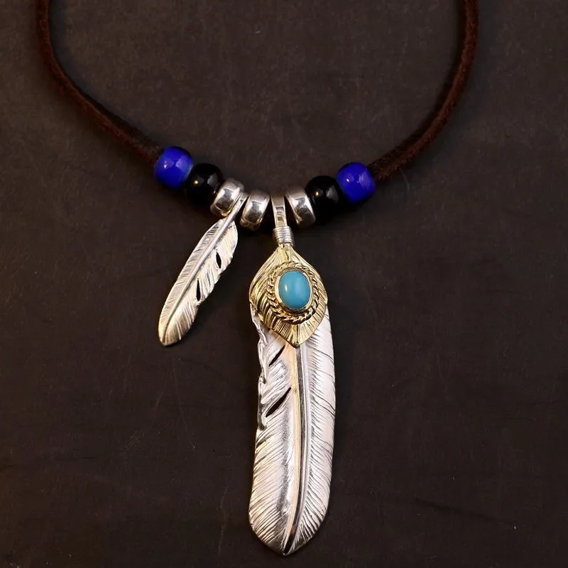 المألوف الهندي الرجعية نمط ريشة الفيروز قلادة بو الجلود حبل قلادة الرجال والنساء تصميم سلسلة الترقوة #2