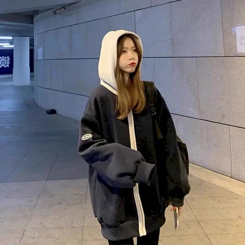 Fashion Patchwork Coats Men Women Japanese Korean Embroidery Zipper Hooded Jackets Casual Loose Outerwear Cardigan Hoodie Autumn