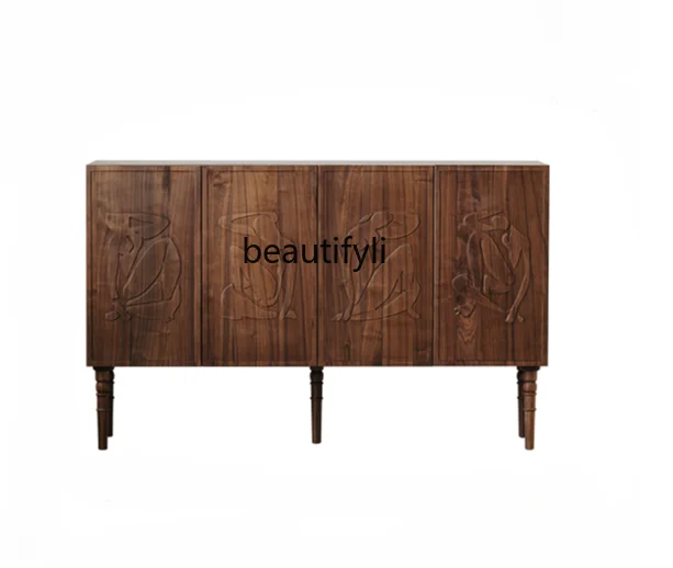 

Zhonggu Side Cabinet Living Room Sideboard Cabinet Black Walnut Solid Wood Retro Storage Cabinet Home Furniture