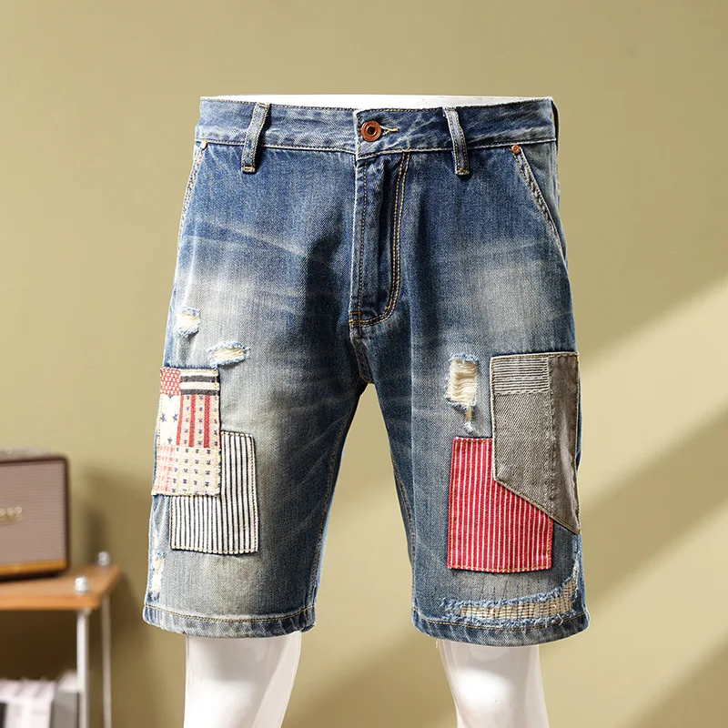 

European station summer blue patchwork embroidered denim shorts with patchwork casual ripped beggar pants for men