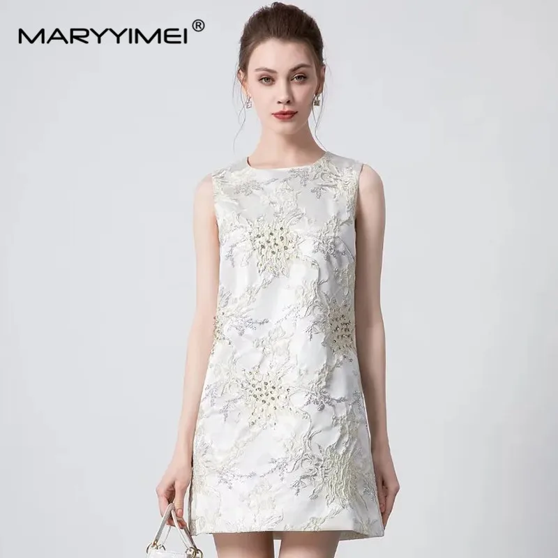 MARYYIMEI-Mini Vestido de Lantejoula Jacquard Vintage Feminino, Tanque Sem Mangas, Linha A, Branco, Elegante, Designer de Moda, Verão, Novo