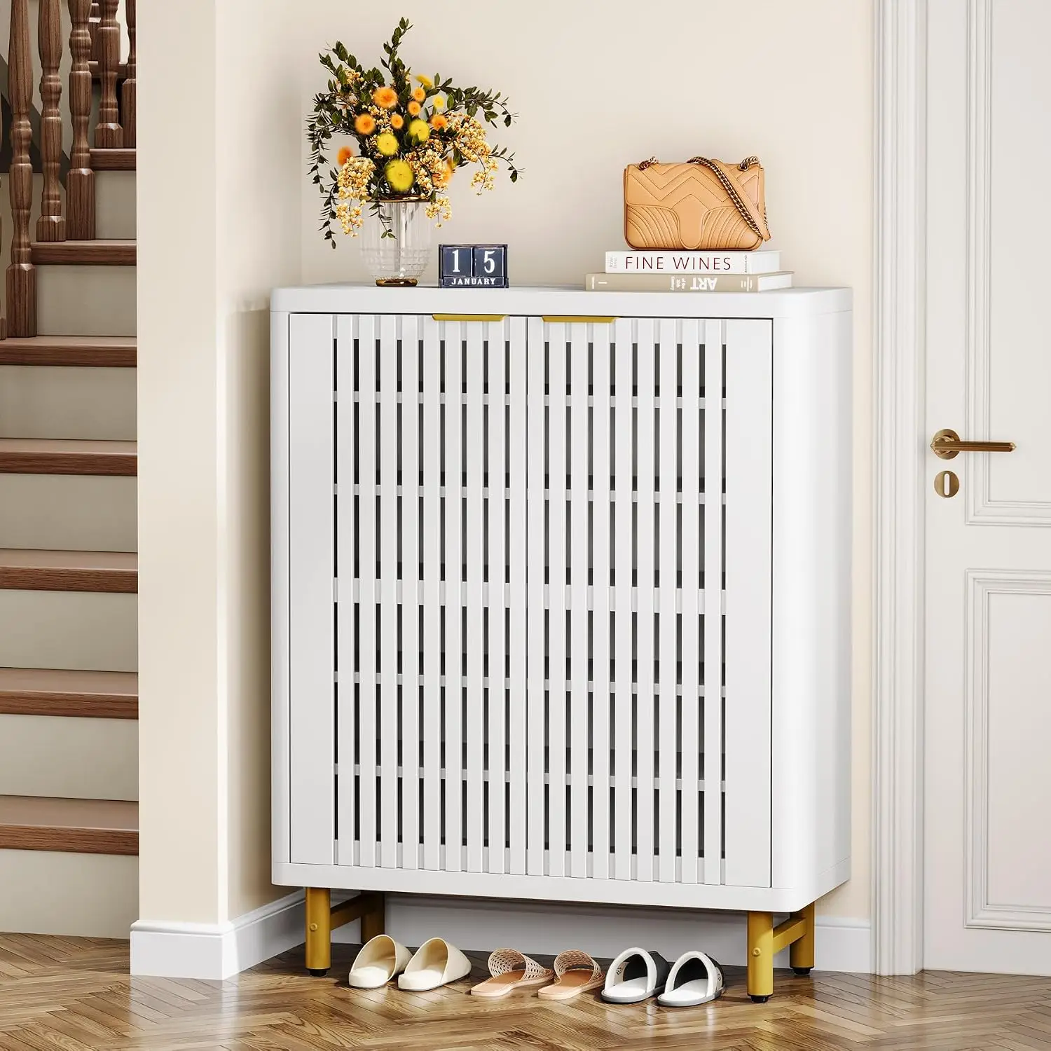 Wooden Shoe Rack with Shutter Doors for Entryway, Customized