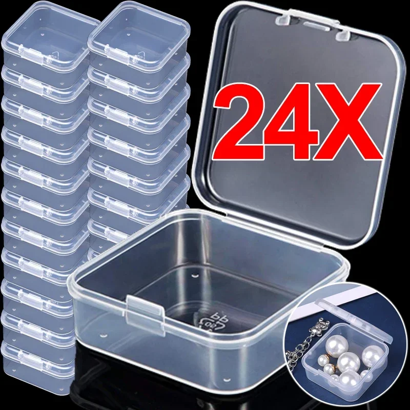 6/24PCS Mini Flip Cover Storage Box Transparent Square Plastic Boxes Pill Packaging Carrying Cease Jewelry Organizer Dustproof