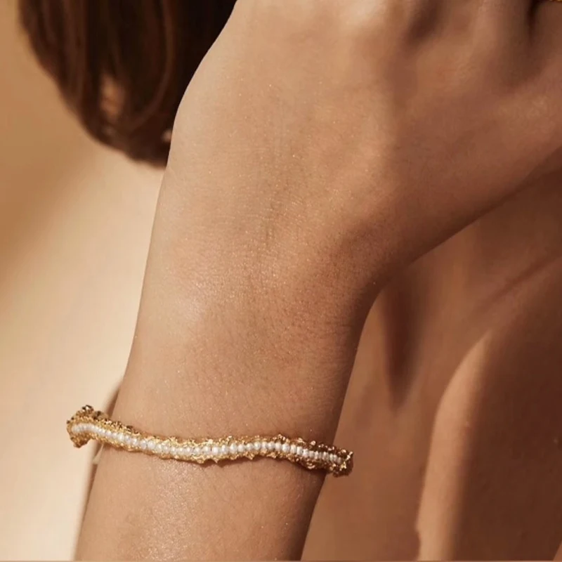 Pulseras Irregular Wave Pearl Bracelet For Women's PVD 18K Plated Gold Anti-Fading High Street Fashion Jewelry Wholesale