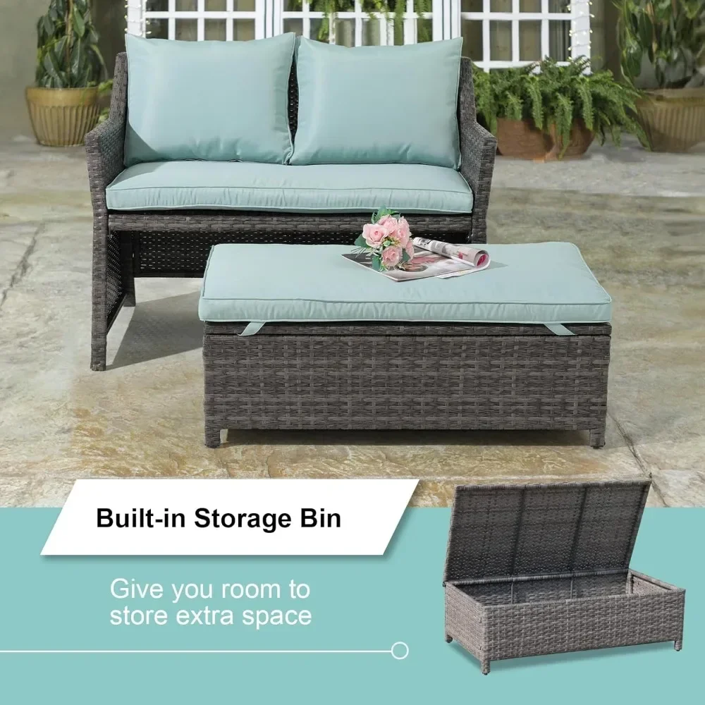 Orange-Casual 2-Piece Outdoor Patio Furniture Wicker Love-seat and Coffee Table Set, with Built-in Storage Bin, Grey Rattan