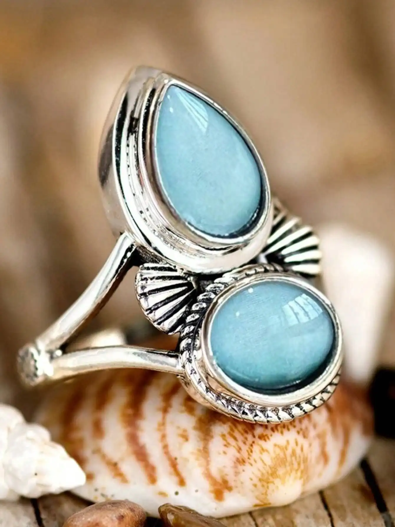 Anillo de doble piedra para mujer, con forma de lágrima y ovalada en tono plateado vintage con detalles de motivos étnicos, anillos para mujer, anillo de compromiso, anillo de boda, anillo de promesa, regalo para ella en Halloween, cumpleaños, Navidad, San Valentín, aniversario, joyería