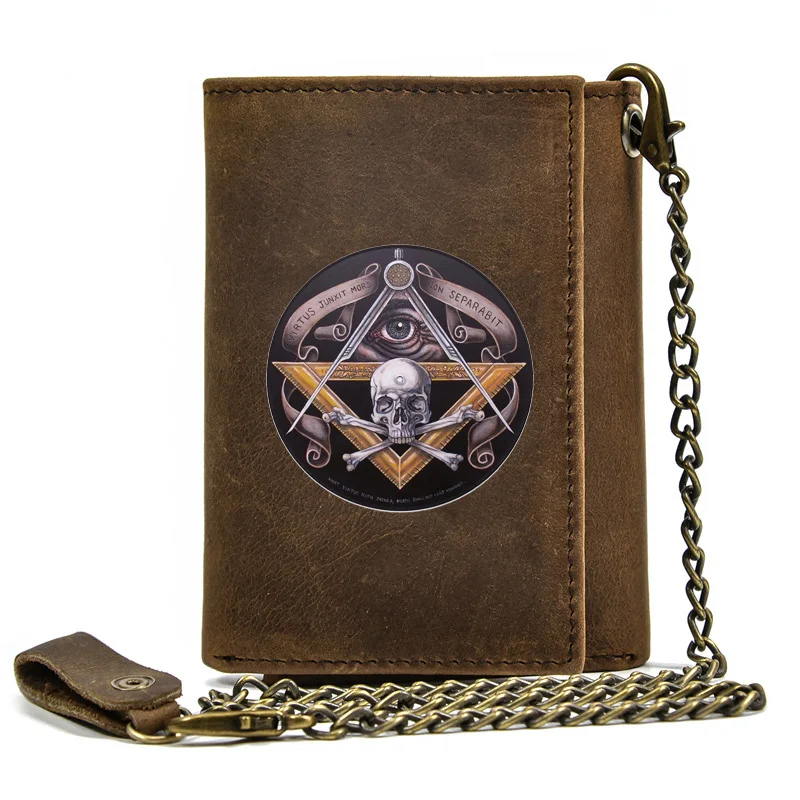 Men Genuine Leather Wallet With Iron Chain Masonic Skull Virtus Junxit Mors Non Separabit Card Holder Short Purse BT1238