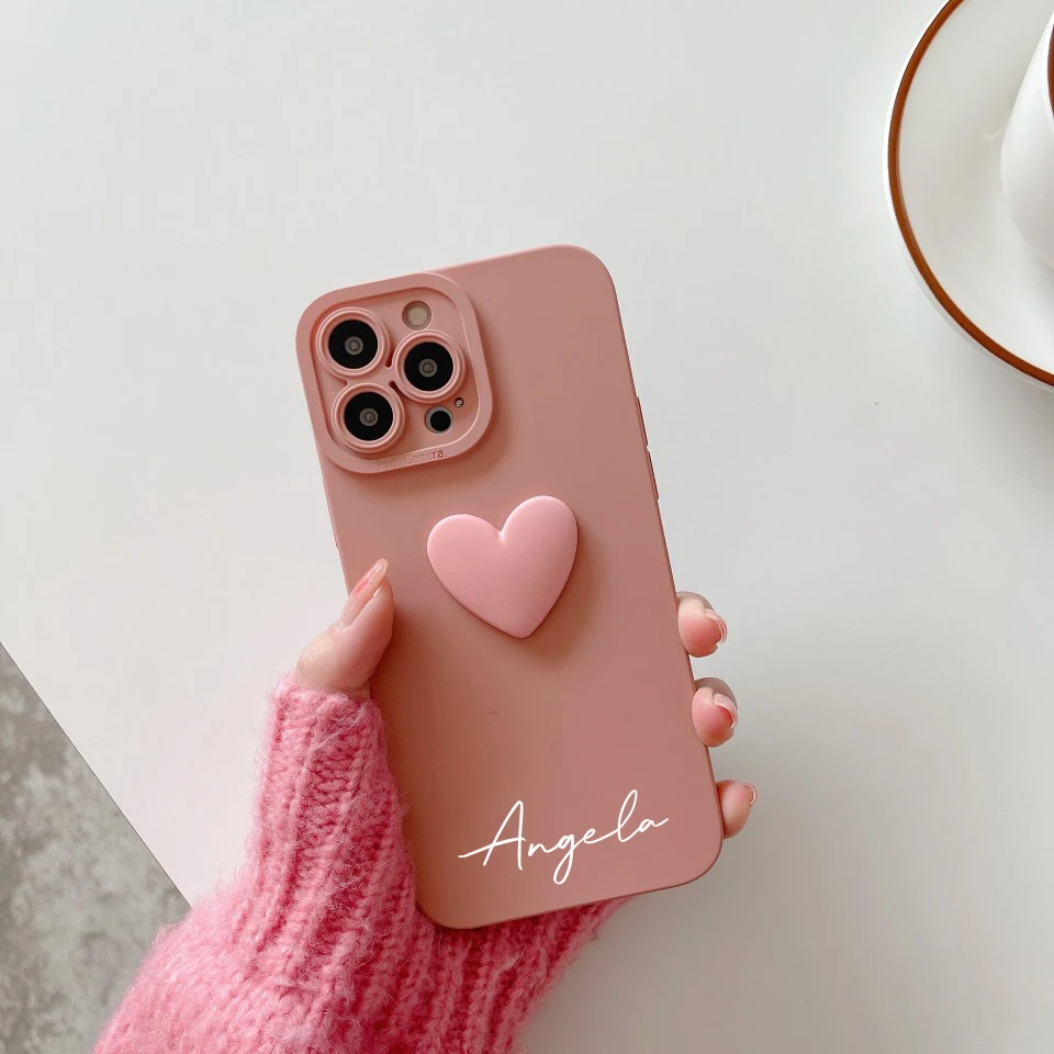 INS 3D Cute Love Heart Personalized Name Case For iPhone 11 12 13 14 15 Pro Max Luxury Silicone TPU Custom DIY Cover 15 Pro Max