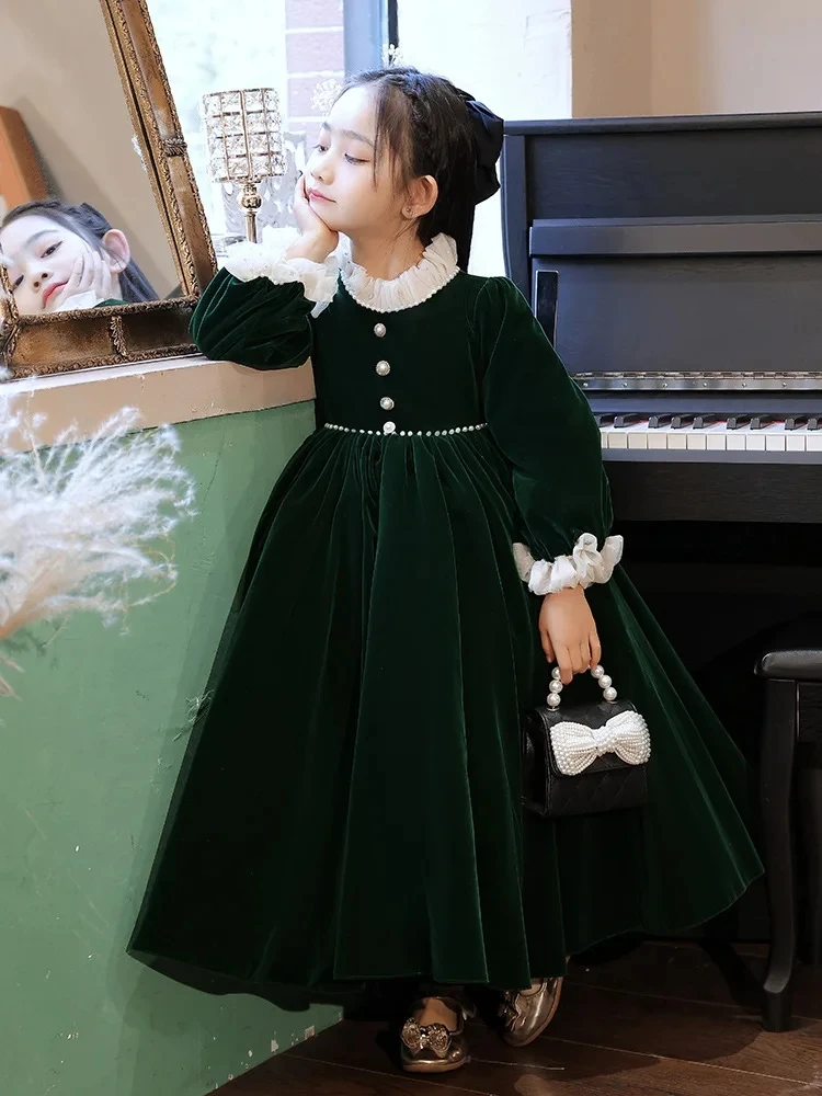 Longue robe de bal princesse en velours vert pour enfant, robes à fleurs pour filles, vêtements de fête de mariage, de remise de diplôme, de noël et de pâques pour enfants