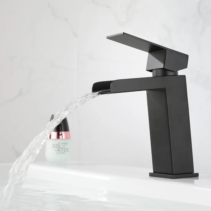 304 Stainless Steel Waterfall Bathroom Basin Faucet Black/Nickel Deck Mounted Square Single Handle Hot And Cold Mixer Tap