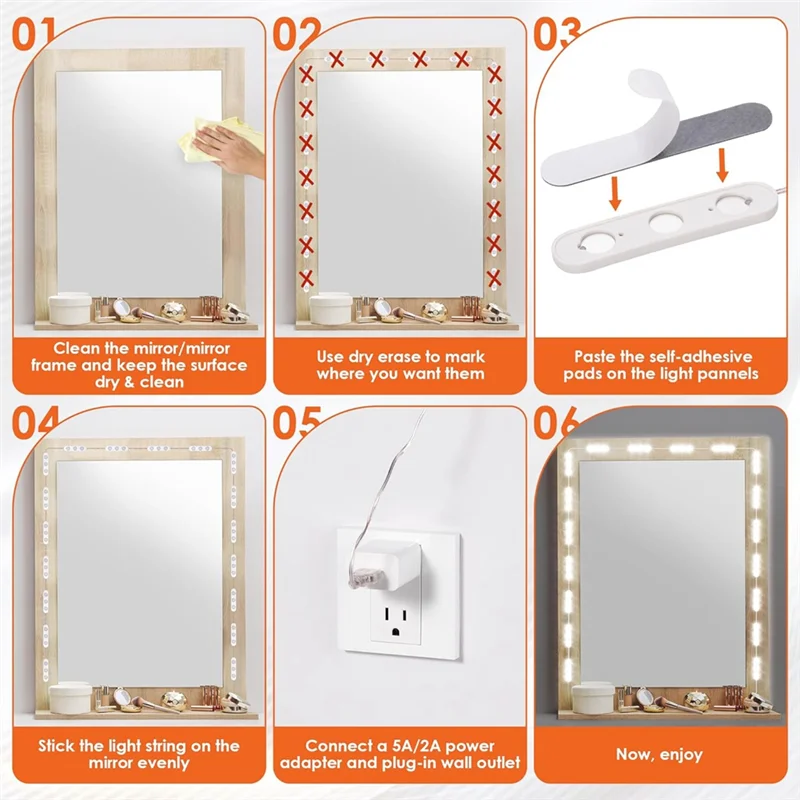 AT13 LED أضواء الغرور للمرآة، أضواء للزينة ماكياج، 20X3 المصابيح USB 5V 3 أضواء مرآة ملونة، مرآة غير متضمنة
