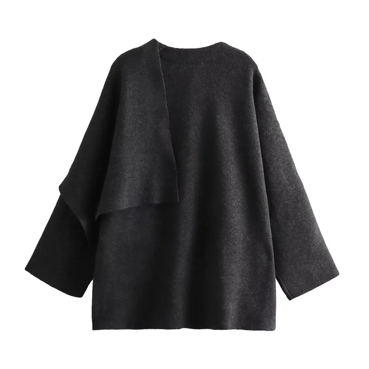 Gestrickter Mantel für Damen, asymmetrischer Schalkragen, offene Vorderseite, lange Ärmel, mit Taschen, grau, kurz geschnitten, locker geschnitten, dick, warm, elegant, im Vintage-Stil, lässiger Mantel. – Detail 13