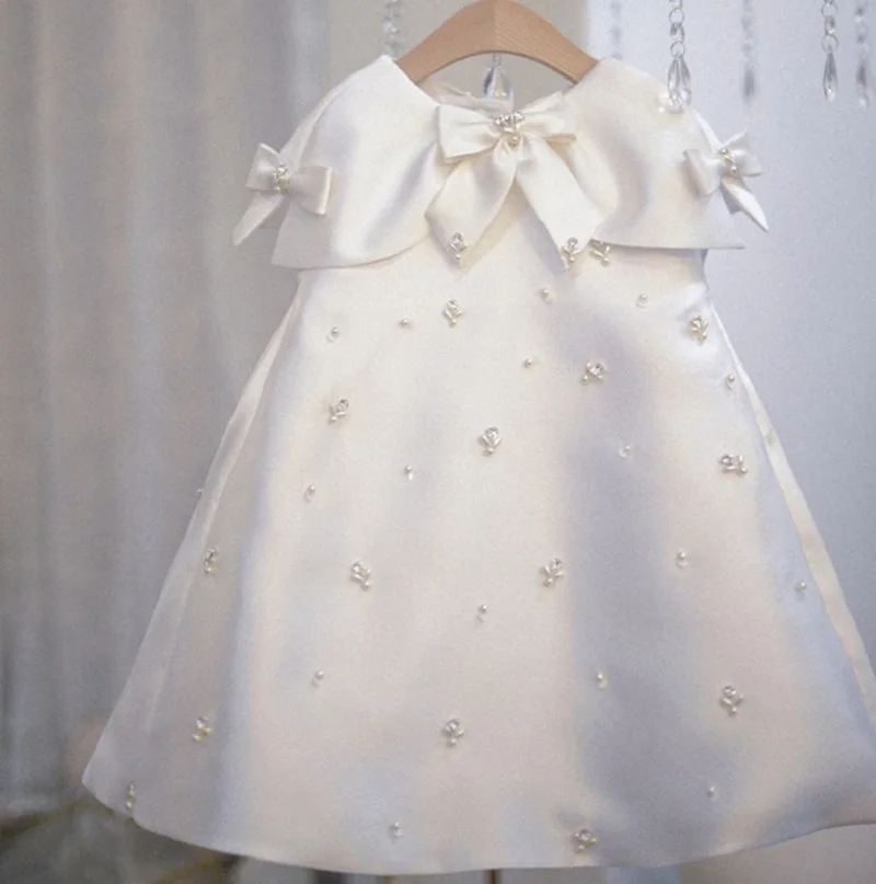 Baby Girl Princess Dress Handmade Pearl Diamond Sleeveless Child Vestido Bow Party Wedding Pageant Birthday Baby Clothes 1-14Y