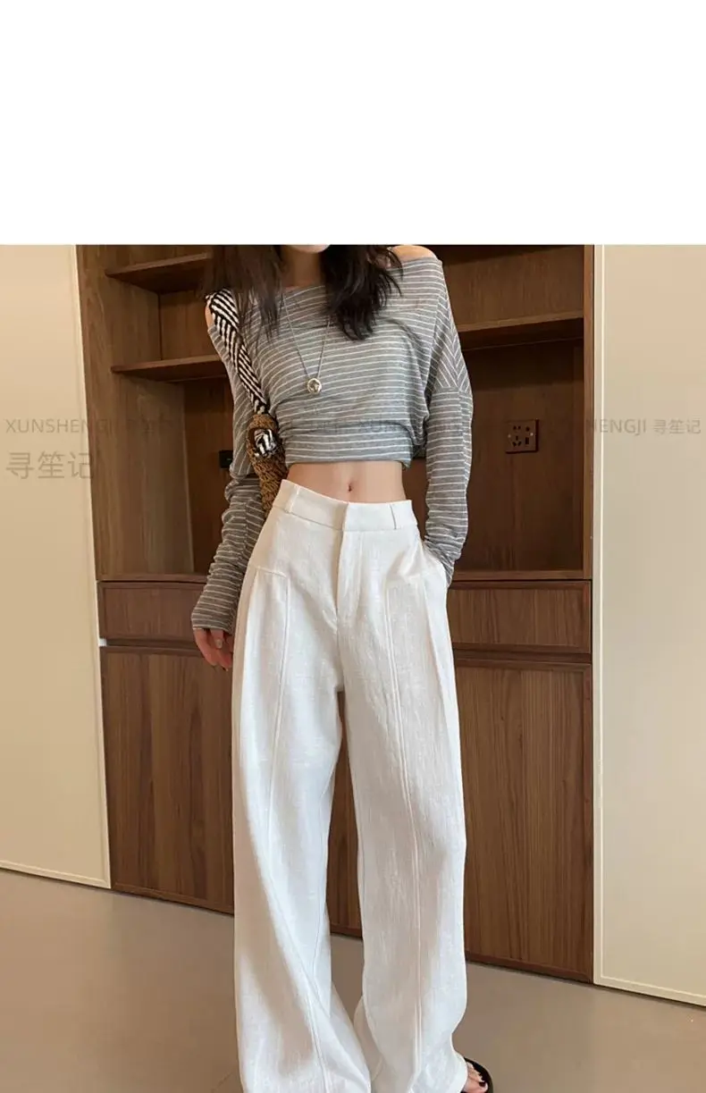 White Ramie Wide-leg Pants Women's Summer Thin High Waist Drape Old Money Style Suit Straight Sub-cotton and Linen Casual Pants