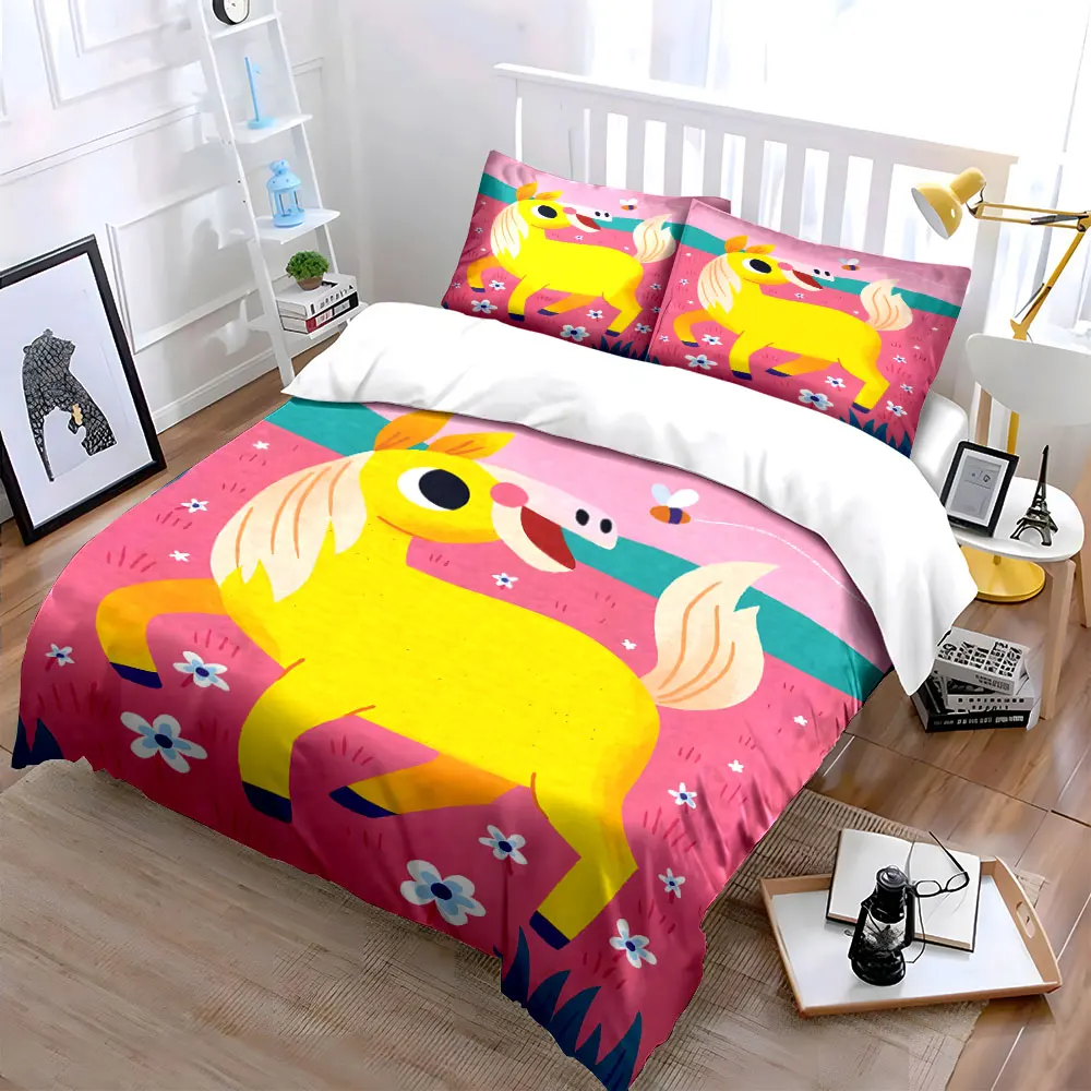 Bright yellow pony and bee Printed Duvet Cover Set 1 Duvet Cover+2 Pillowcase Multi Size Bedroom Bedding Decor Luxury Gift