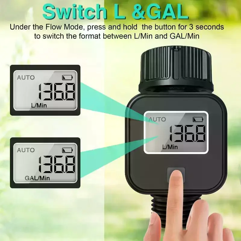 Digital Water Flow Meter HD LCD Display Switchable L GAL Units For Garden Lawn Plant Watering
