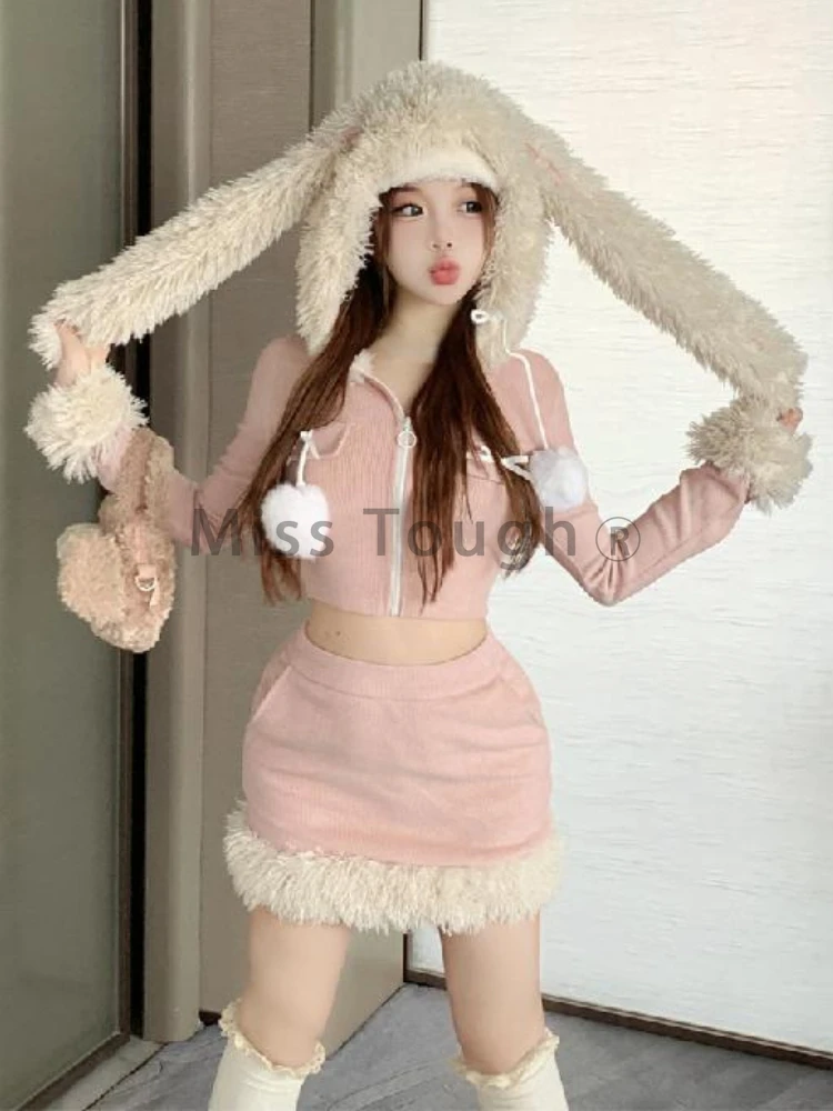 Pink Japanese Kawaii Two Piece Set Women Korean Style Casual Y2k Skirt Suit Female Patchwork Bow Hooded Coat＋Mini Skirt 2023