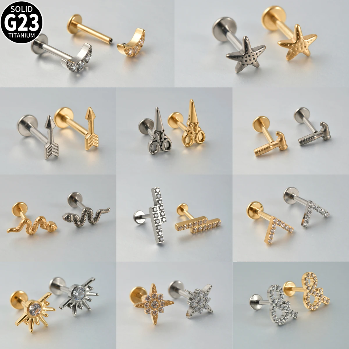 1PC G23 Solid Titanium Scissor Snake Cartilage Earrings Stud 16G Internally Threaded Zircon Helix Ear Tragus Piercing Jewelry