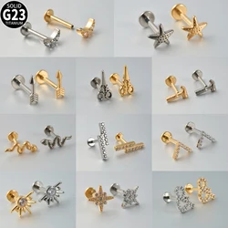1PC G23 Solid Titanium Scissor Snake Cartilage Earrings Stud 16G Internally Threaded Zircon Helix Ear Tragus Piercing Jewelry