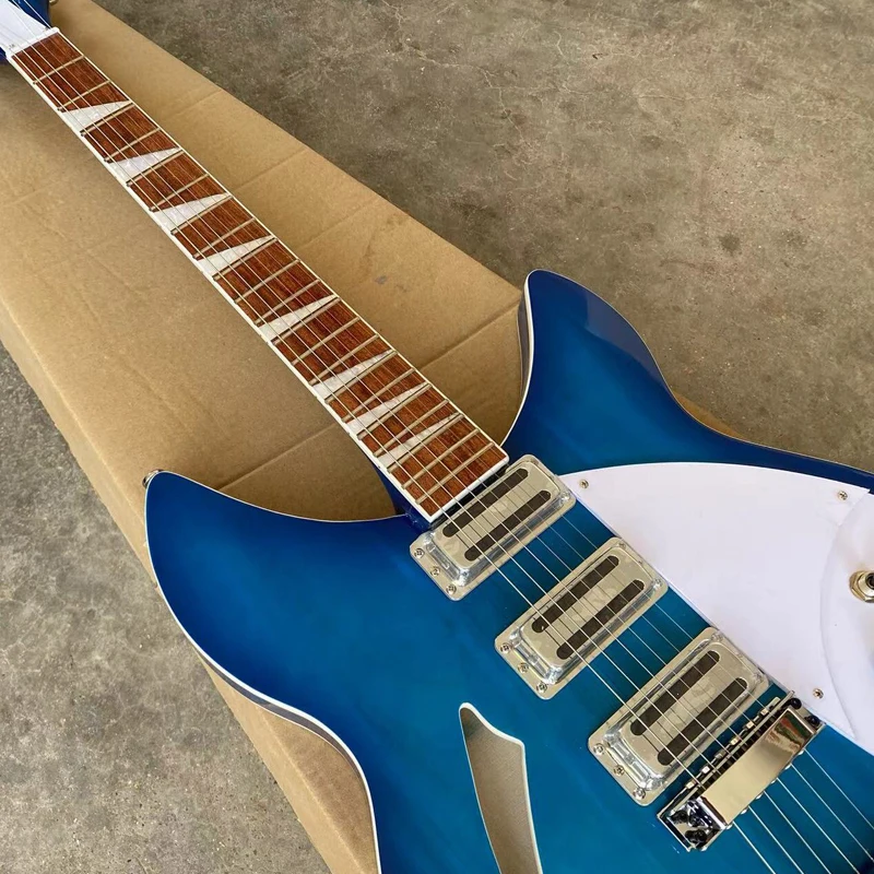 6 String Semi Hollow Body 360 Electric Guitar, 3 Pickups Blue Guitarra, Tailpiece Bridge, Rosewood Fingerboard, Free Shipping