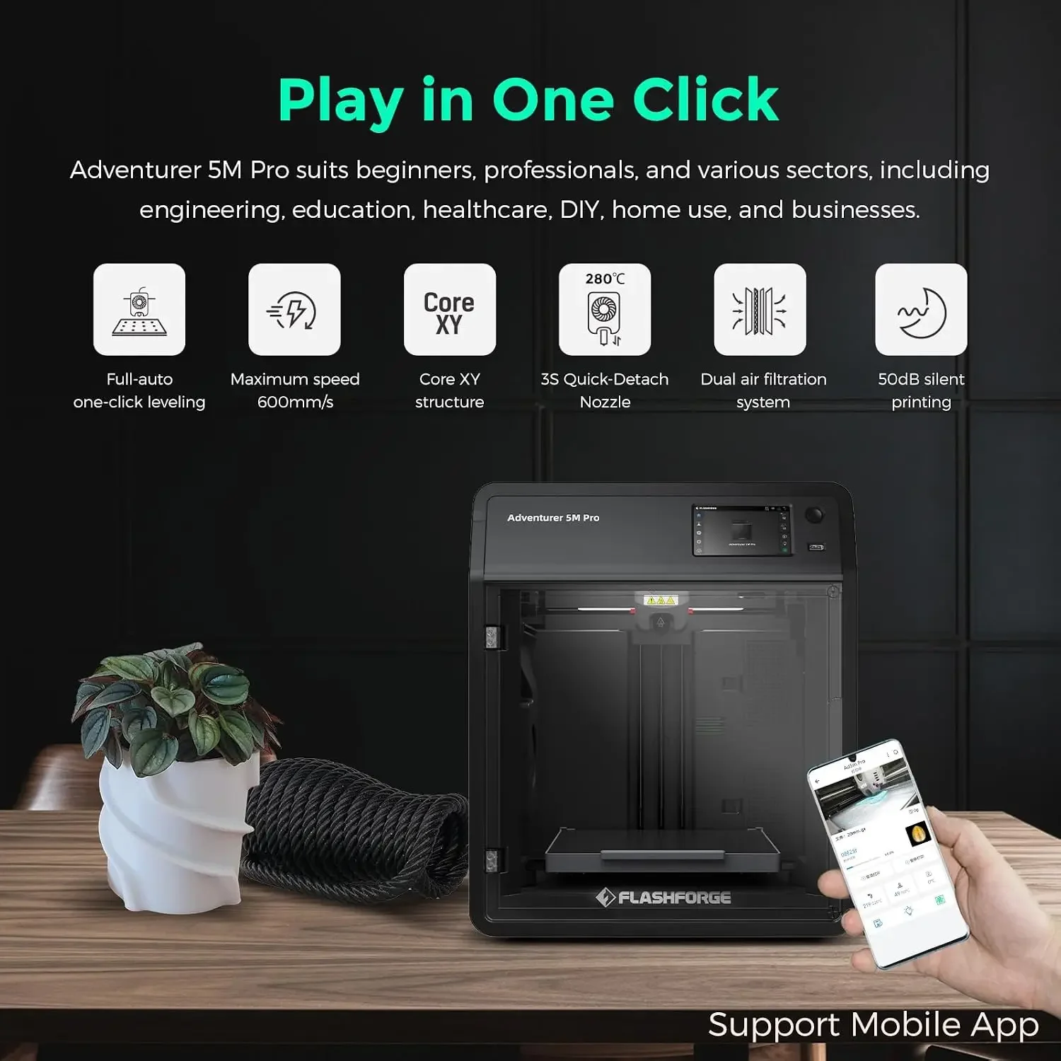 Adventurer 5M Pro 3D Printer with 1 Click Auto Printing System, 600mm/s High-Speed, Quick Detachable 280°C Nozzle, Core XY