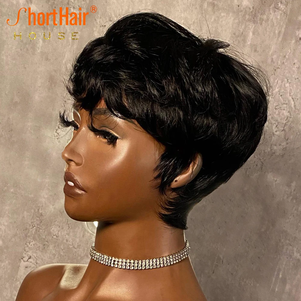 Pixie Cut Human Hair Wigs With Bangs Straight Bob Wavy Wigs For Women Brazilian Hair Full Machine Made Wigs 150% Density Black