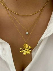 Peri'sbox Minimalist 18K Gold Plated Bead Chain Flower Rhinestone Pendant Necklace For Women Trendy Stainless Steel Jewelry Gift