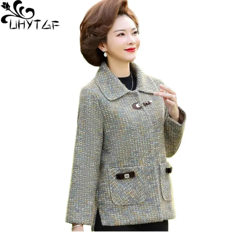 

UHYTGF New Mother Spring Autumn Wool Coat Women Middle-Aged Elderly Casual Short Jacket Female Korean Loose Ladies Outewear 2229