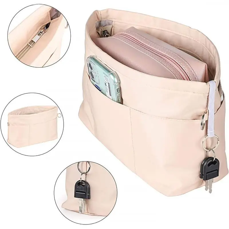 Vintage Kosmetik-Organizer-Einsatztasche mit Reißverschluss, mehrere Taschen, einfarbig, multifunktionale Tasche für Damen – Detail 16