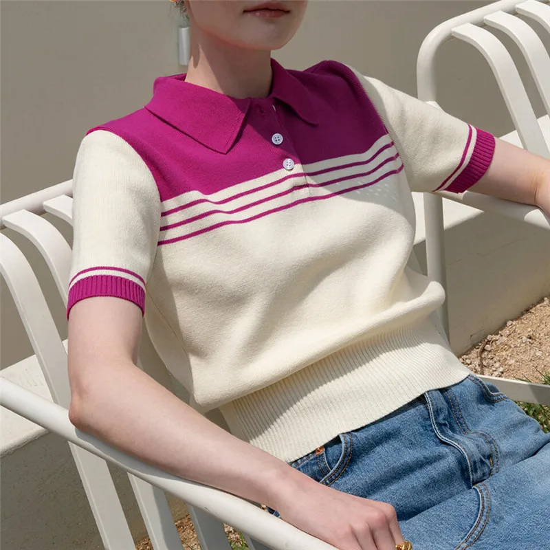 Summer Fashion Women\'s Wool Cotton Short-sleeved Tees Sweater Polo Collar Color Blocking Pullover Tops Knitted Bottoming T-shirt