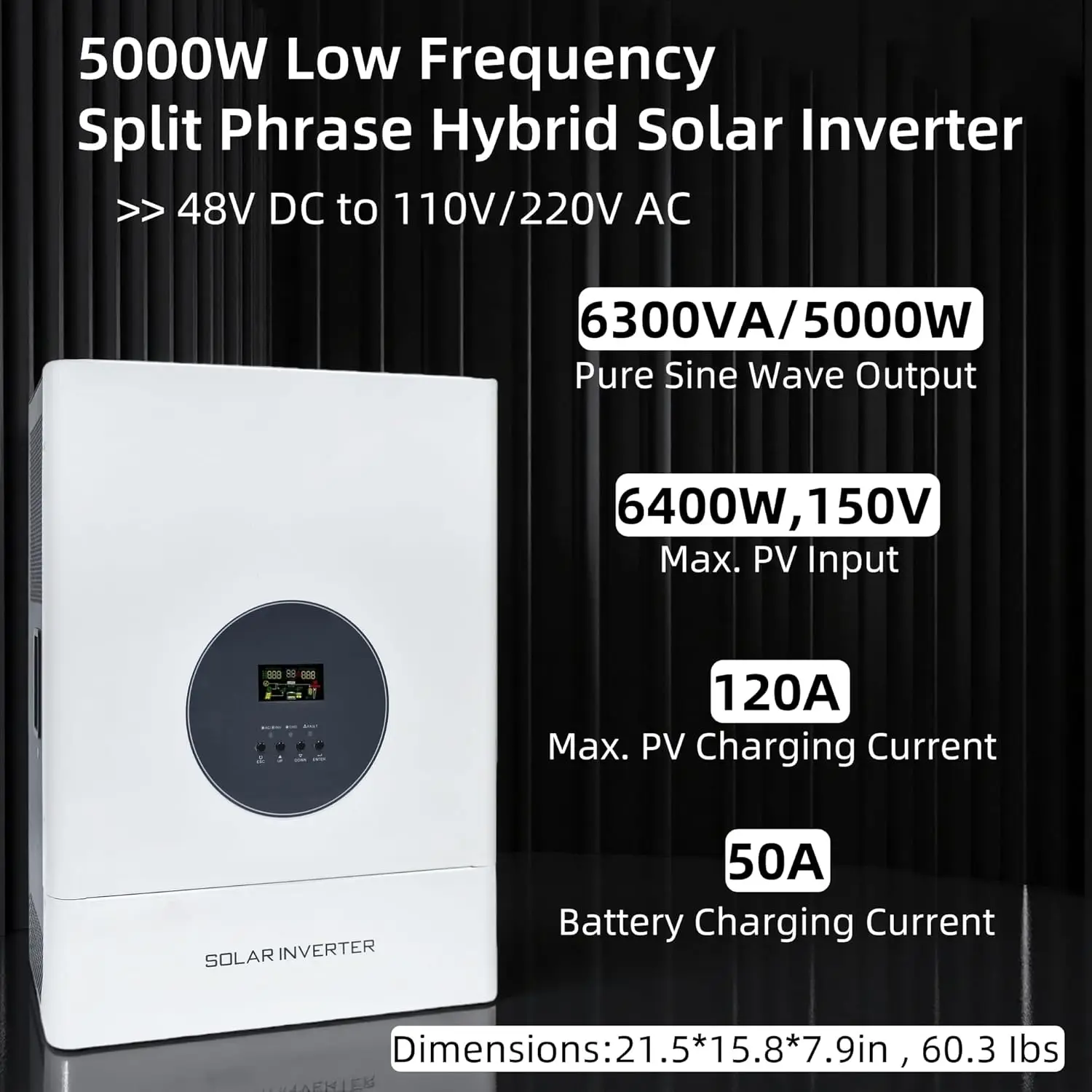 5000W Hybrid Solar Inverter 48V to 110V/220V Built-in 120A MPPT Max PV 6400W for Home RV Truck