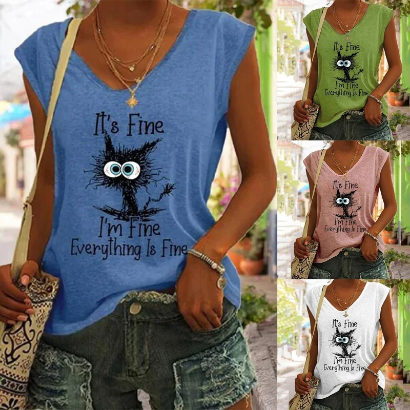 Fashion Summer Women Sleeveless Blouse V-Neck Funny Saying Cute Graphic Print Solid Color Casual Loose Vest T-Shirts