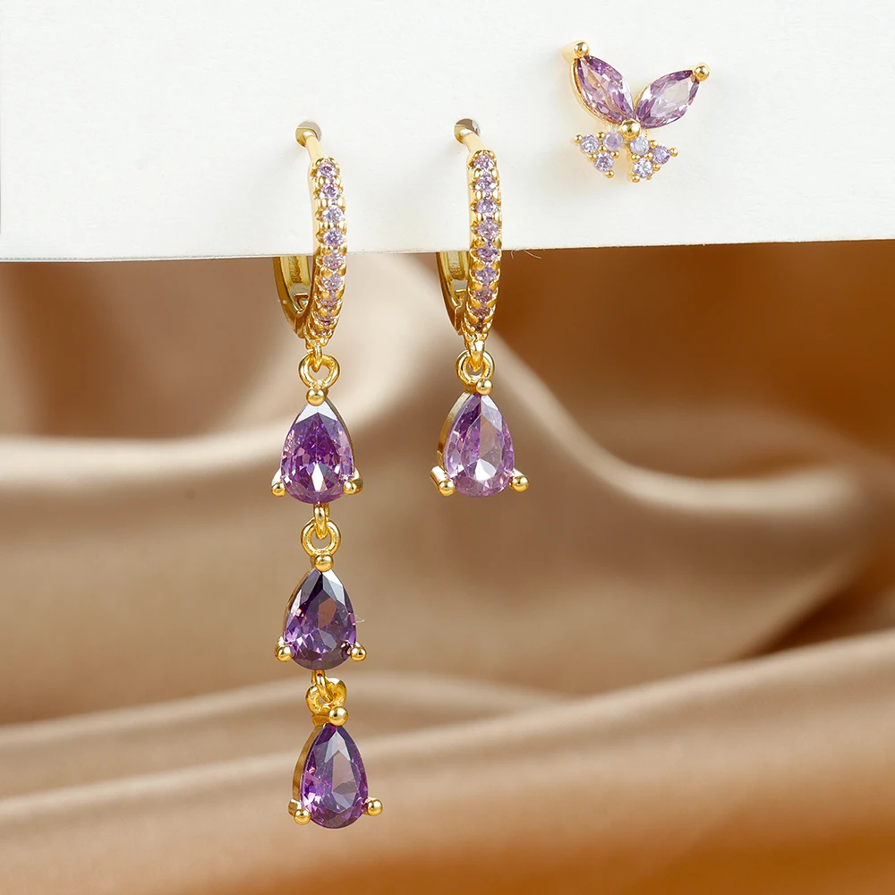 3PCS Zircon Water Drop Small Hoop Earrings Set for Women Stainless Steel Huggies Pendant Piercing Earrings Luxury Jewelry aretes
