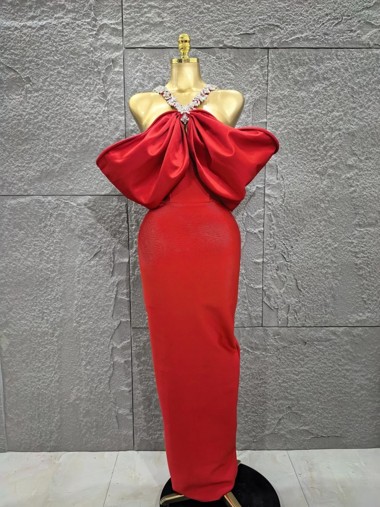 

Black Red Color Women Sexy Halter Off the Shoulder Puff Sleeve Shinning Crystal Bodycon Long Bandage Dress Evening Party Outfit