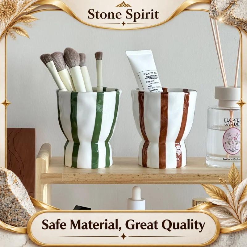 Retro Color-Block Ceramic Pen Holder, Stripe Pattern Makeup Brush Organizer, Large Capacity Desk Storage, Vanity Tray Decoration