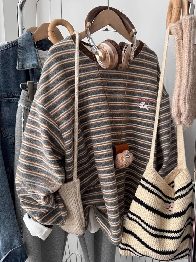 

Autumn Winter Soft Fluffy Embroidered Dog Stripe Lazy Fashion Loose Casual Sweatshirt Women's Loose Fit round Neck Long Sleeve
