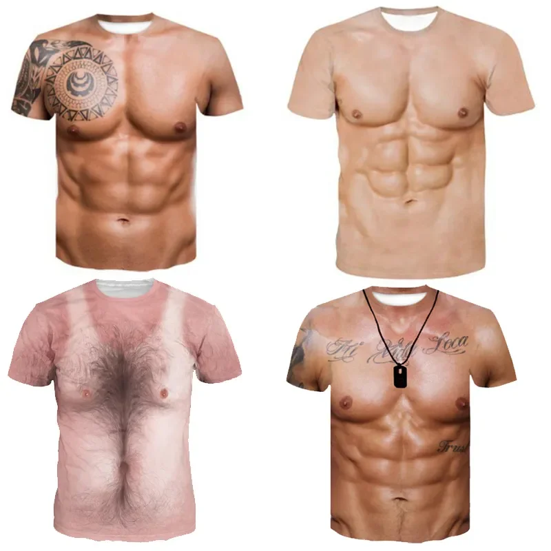 Novelty Mens Casual Short Sleeve 3D Chest Muscle Printing Graphic T Shirt Funny Tops Tee