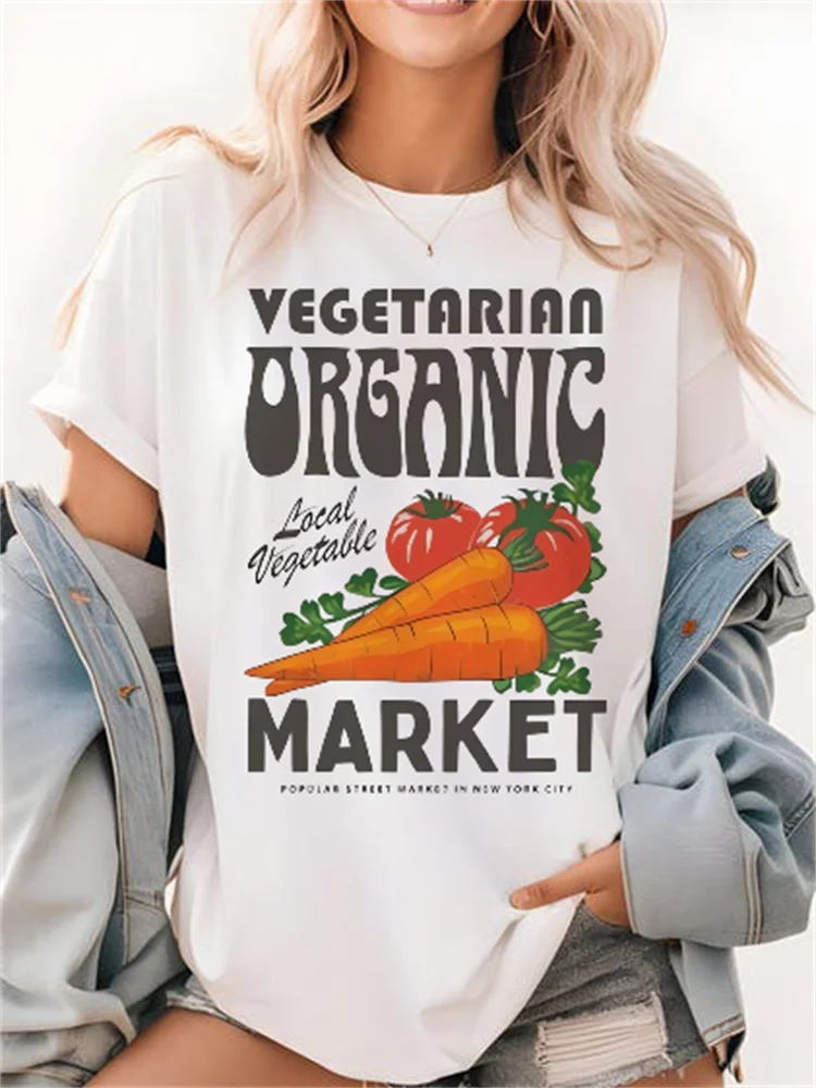 

Вегетарианская футболка с рисунком органического рынка и мультфильма, женская уличная футболка с круглым вырезом и короткими рукавами, модная дорожная футболка