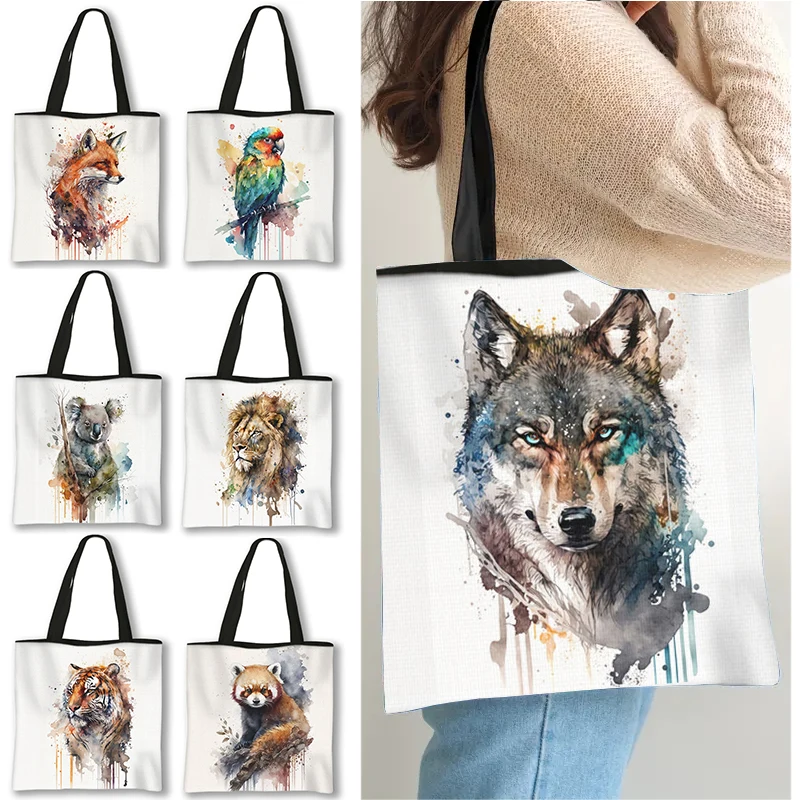 Animals Tiger Wolf Parrot Lesser Panda Pattern Shoulder Bag Women Handbags Foldable Canvas Totes Bag Large Capacity Shopper Bags