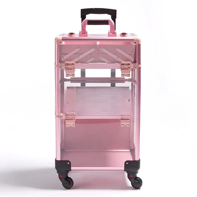 Aluminum Makeup Train Case with Table, Rolling Travel Salon Nail Trolley Cosmetic Hairdressing Storage Organizer Table