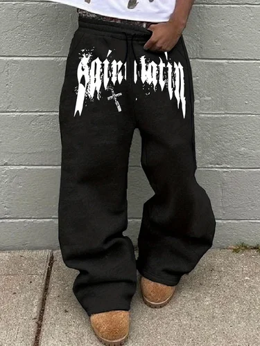 Pantalones de pierna ancha negros para hombre, grafiti francés y estampado de cruces, pantalones de calle de moda Hip Hop, corredores casuales de gran tamaño 2025