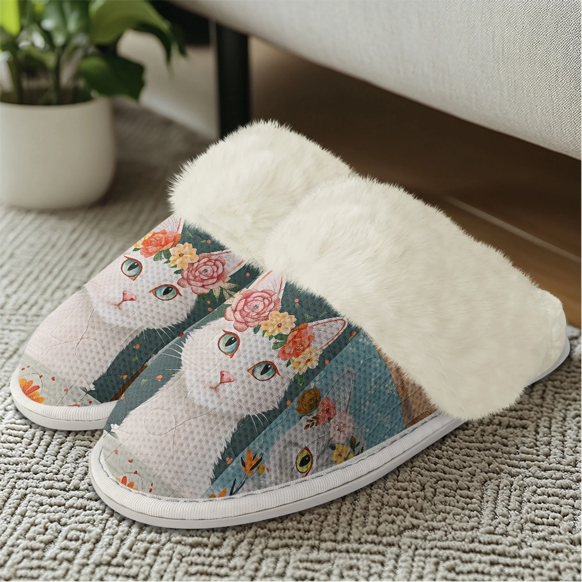 INSTANTARTS Women Flat Cotton Slippers Cartoon Elegant White Cat Soft Anti Slip Casual Comfortable Indoor Winter Shoes Keep Warm