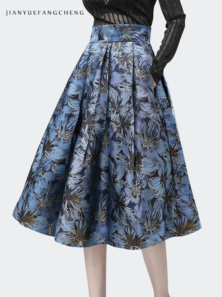 Pleated Blue Jacquard Skirt Women High Waist A-Line Midi Skirts 2021 Autumn New Vintage Elegant Plus Size Female Casual Bottoms