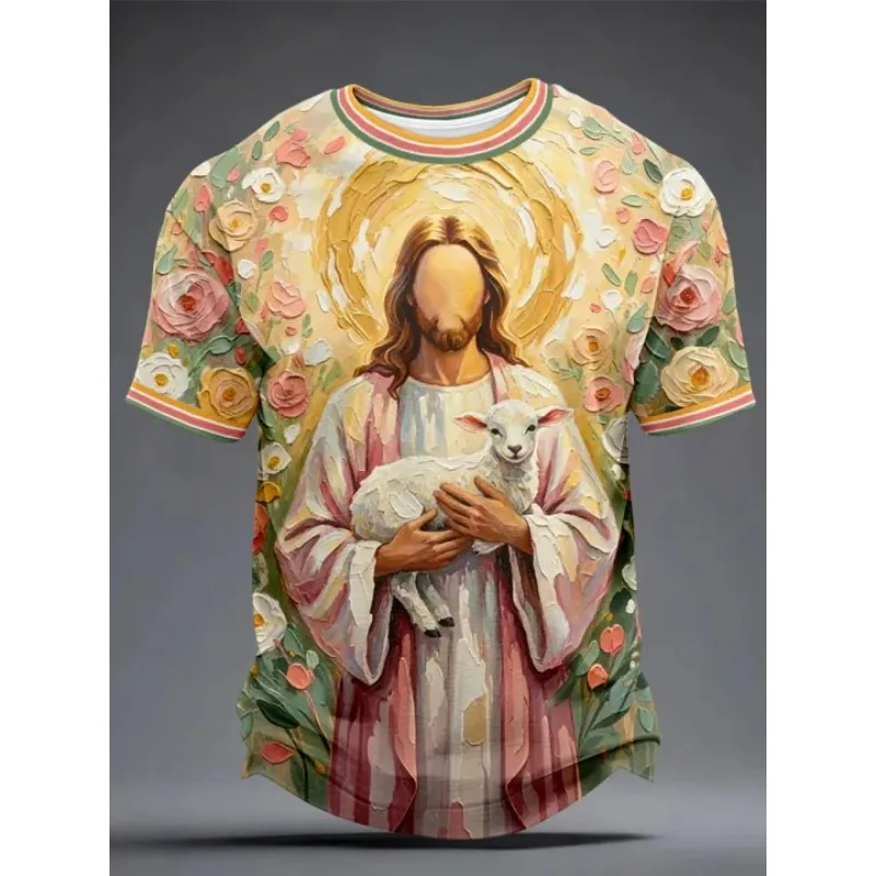 Men's Jesus Crown of Thorns 3D Print T-Shirt, Colorful Embroidery Effect Short Sleeve Crew Neck Tee, Casual Religious