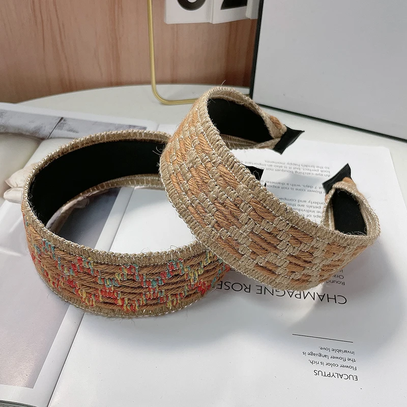 New Colorful Hemp Knitted Splice Hair Hoops for Women Simple and Fashionable Wide Edge Flat Pressed Hair Style Hairpin Accessory