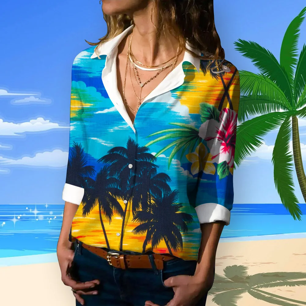 Retro Style Women's Spring Autumn Long Sleeve Hawaiian Button Shirt Elegant Office Ladies 2024 New Style 3D Printing