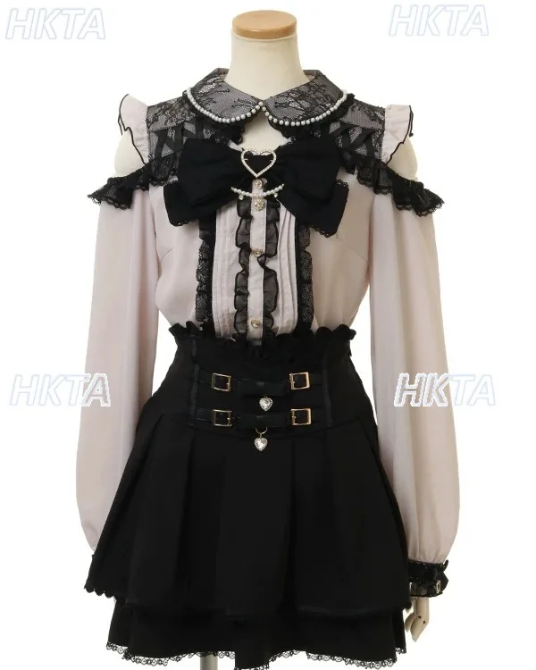 النمط الياباني الخريف جديد قبالة الكتف الدانتيل القوس الكبير دمية طوق كم طويل قميص بلايز المرأة الحلو لوليتا الشيفون البلوزات #6