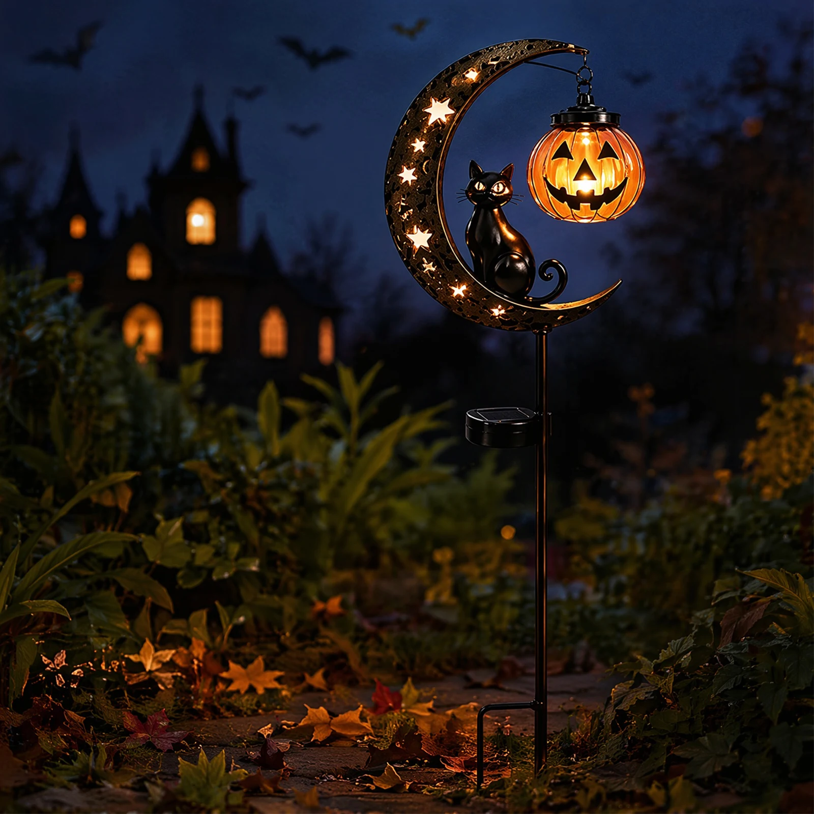 Halloween Solar Black Cat Moon Lamp, Waterproof Iron Garden Stake Light with Auto On/Off, for Outdoor Lawn Courtyard Yard Patio