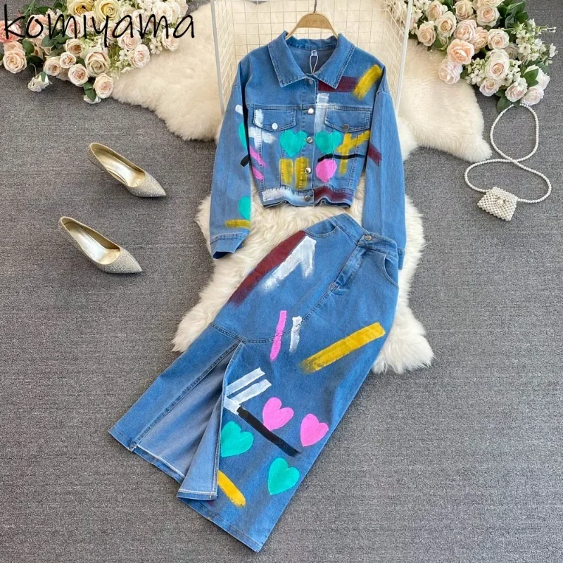 Hit Color Graffiti 2 Piece Sets Women Turn Down Collar Long Sleeve Outerwears +high Waist Hip Split Skirts Autumn 2024 New Suit