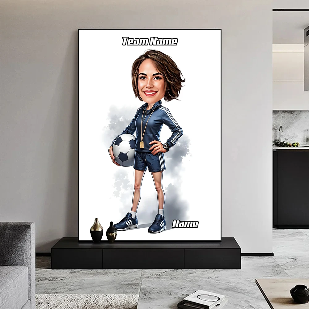 مخصص أنثى مدرب كرة القدم الكرتون صورة مضحك سيدة كاريكاتير صورة شخصية الجدار ملصق فني غرفة ديكور قماش طباعة